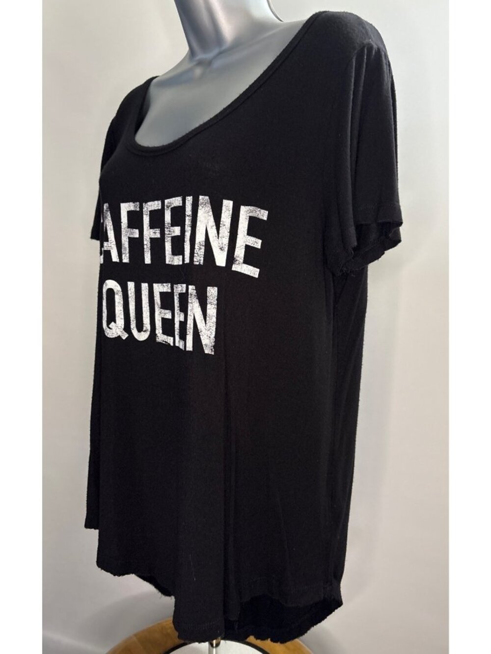 Knit Riot Caffeine Queen Coffee Lover Distressed Women's Black Scoop Neck Tee - Picture 4 of 8